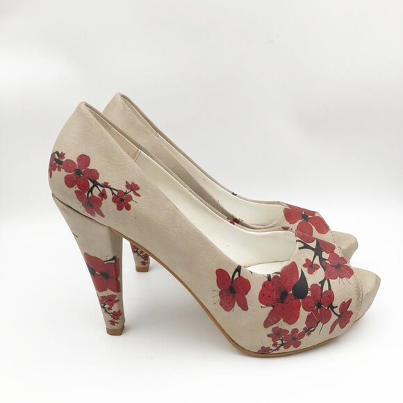GOBY Sakura Red Floral Peep Toe High Heels Pumps Womens 8 - Picture 3 of 10